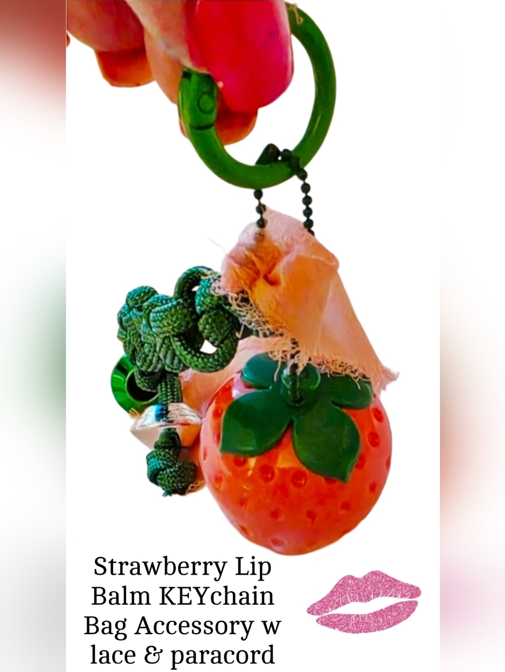 Handmade Strawberry Lip Balm Gloss Keychain Bag Charm Accessory - Picture 2 of 9